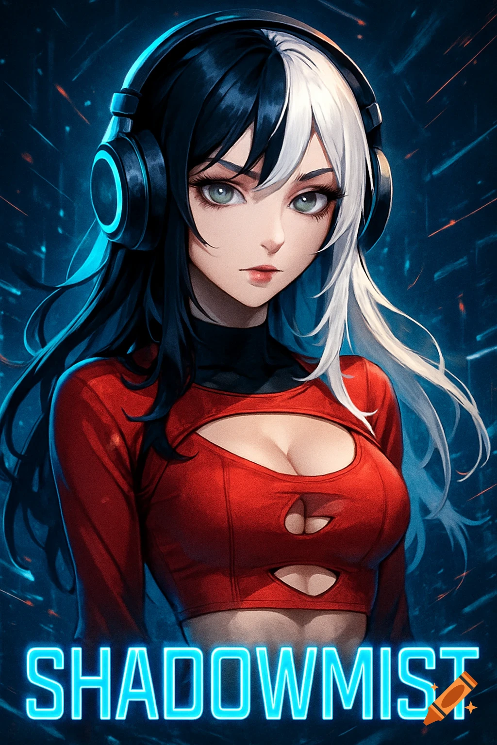 An anime gamer girl with half black, half white hair and headphones, wearing a red crop top, against a blue background with the glowing word "SHADOWMIST" at the bottom.