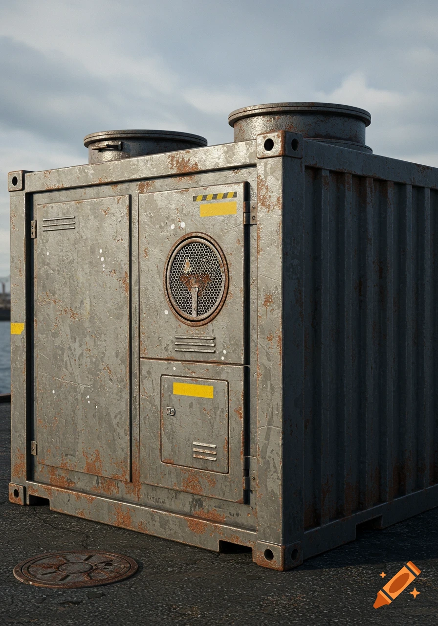 Photorealistic, weathered industrial container with top vents, side grate, and yellow hazard stripes, on asphalt ground.