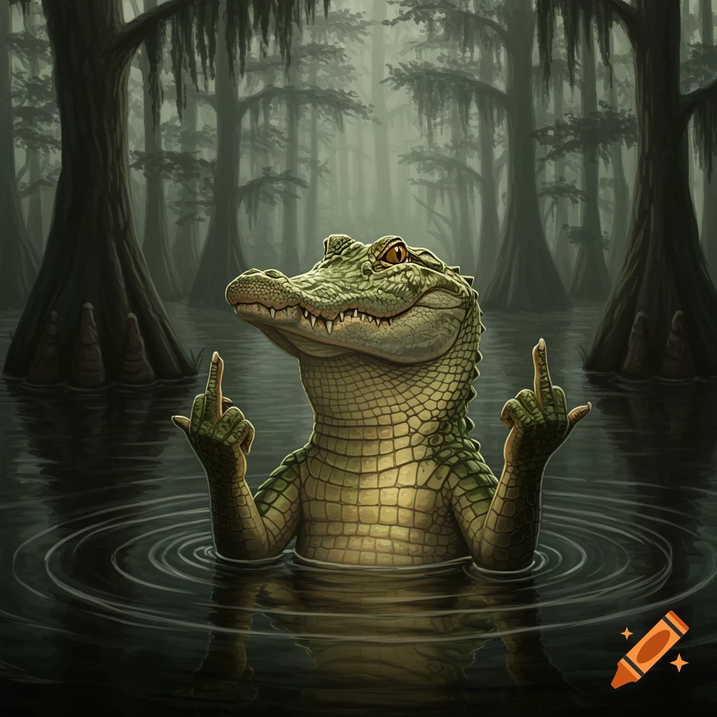 An anthropomorphic alligator emerges from dark swamp water, giving two middle fingers, surrounded by cypress trees.