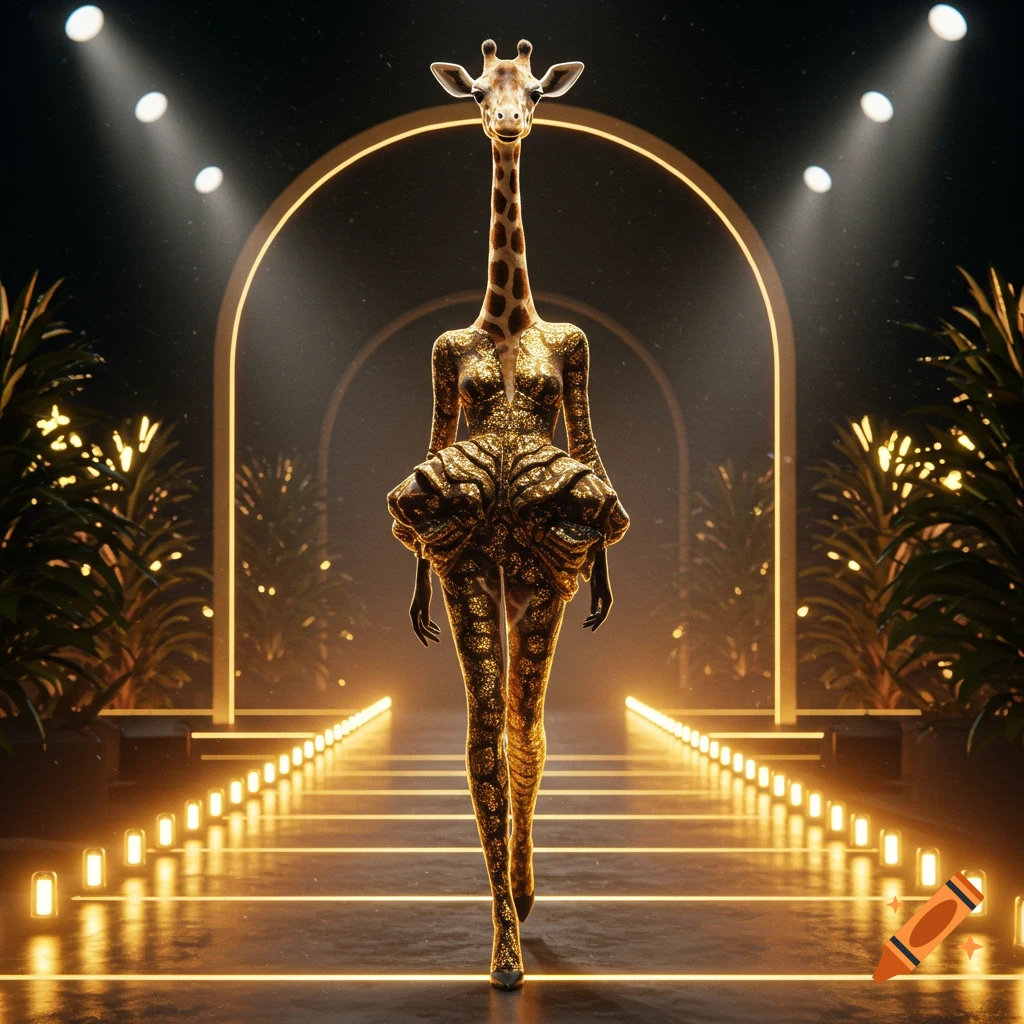 A fashion model with a giraffe head walks down a golden lighted runway, wearing a shimmering golden and black textured outfit.