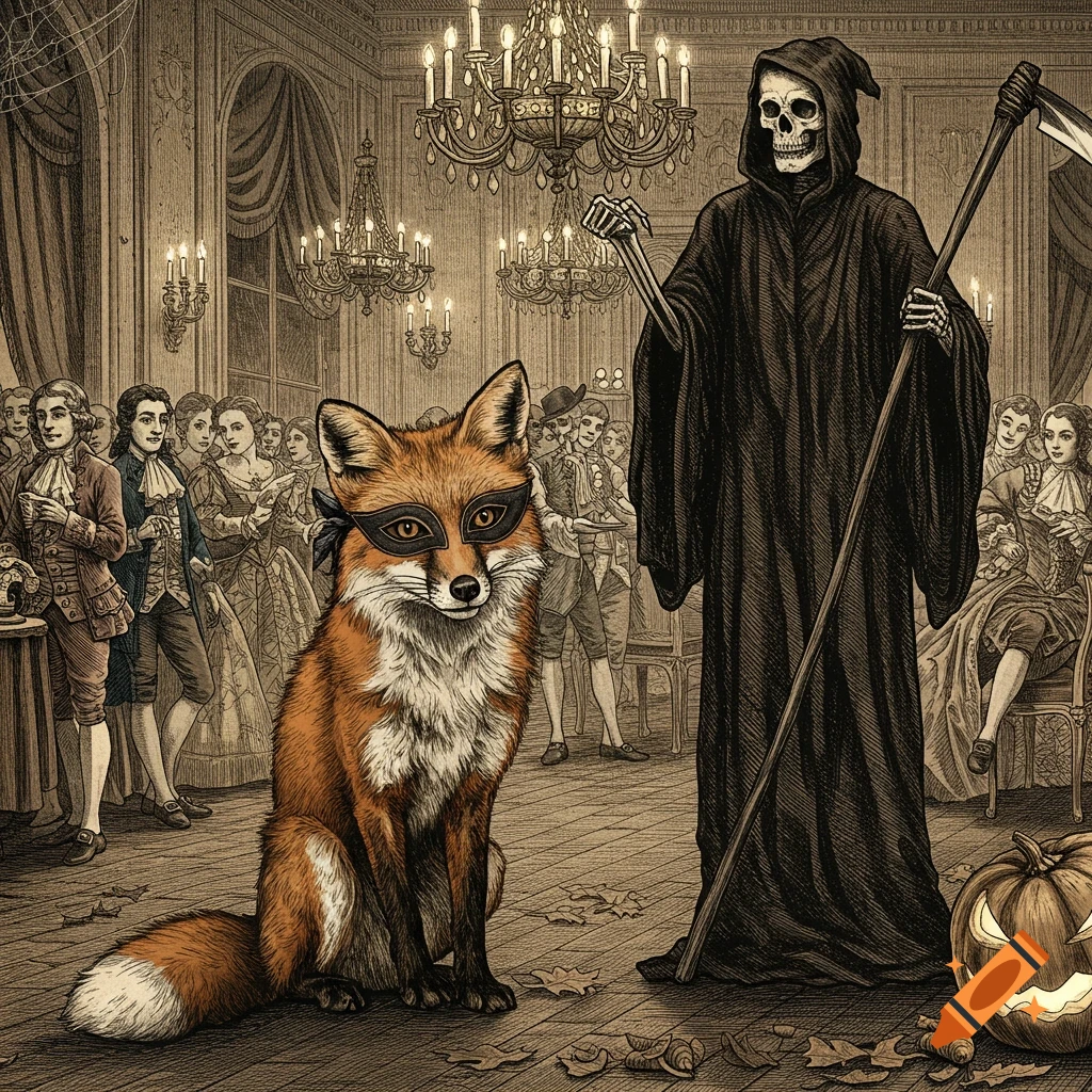 A masked fox and the Grim Reaper attend a Halloween party, depicted in the style of an old engraving.