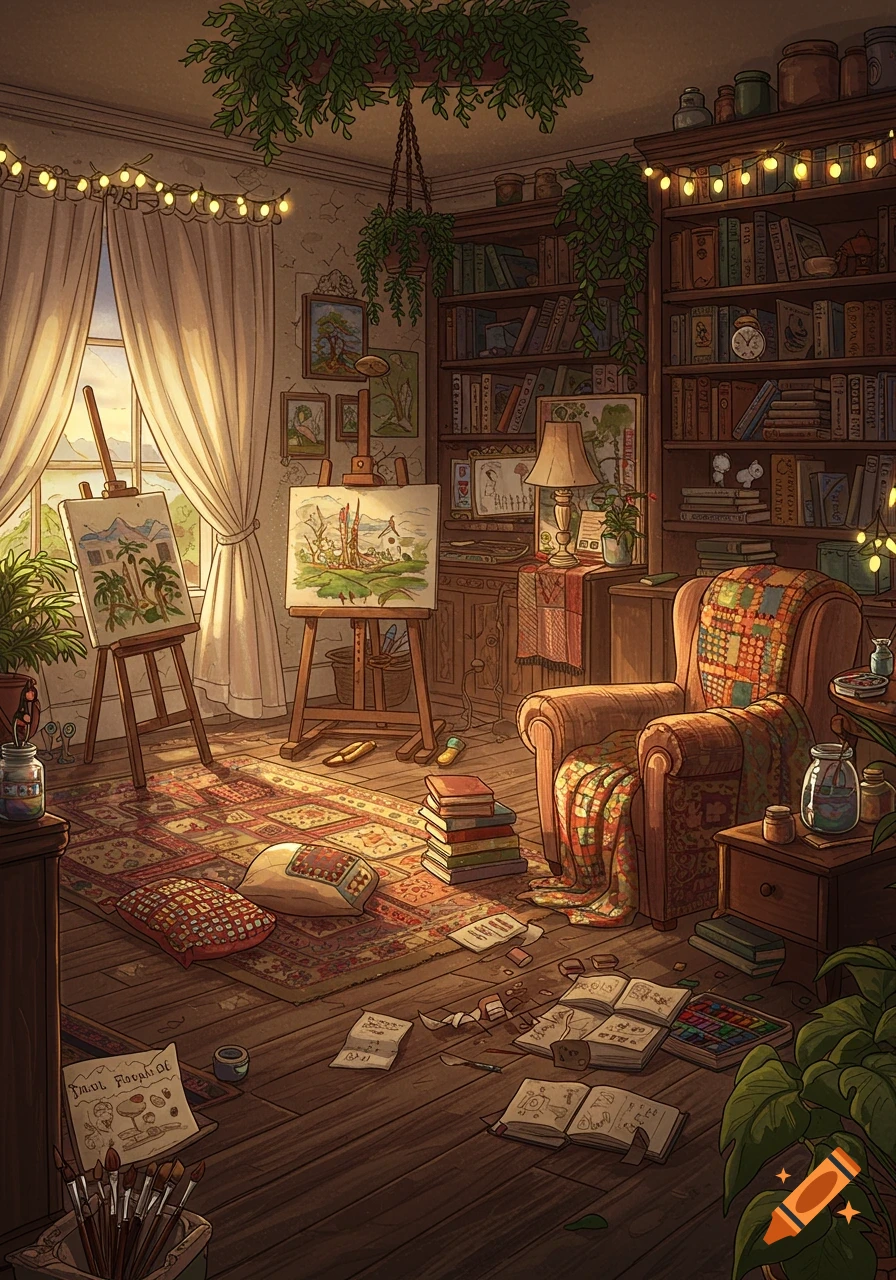 A cozy, warm-toned illustration of an artistic room with two easels, a bookshelf filled with books, an armchair, plants, and string lights.