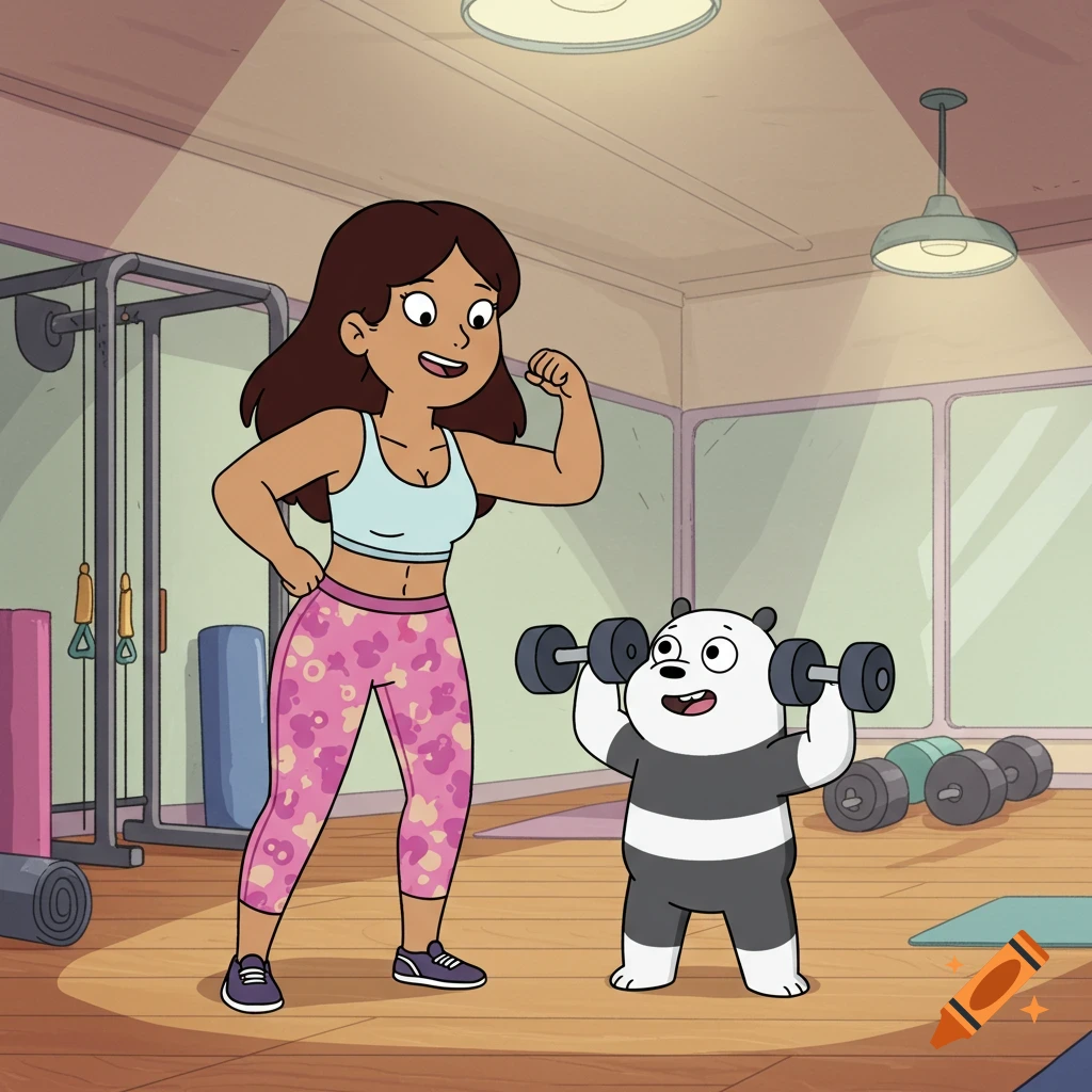 A cartoon woman with dark hair flexes her arm while a panda lifts weights in a gym.