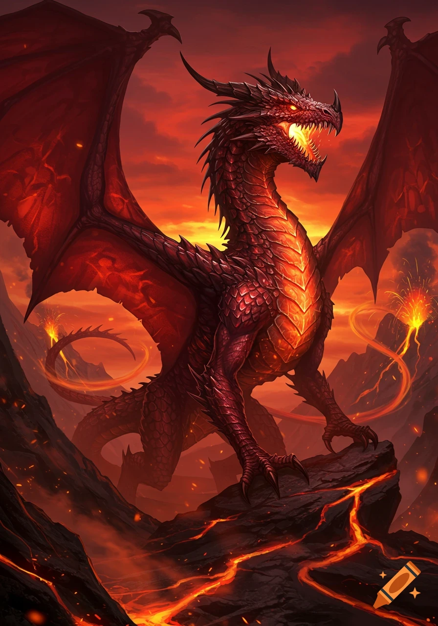 A majestic red dragon with glowing eyes stands on a volcanic rock in a fiery landscape under an orange sky, breathing fire.