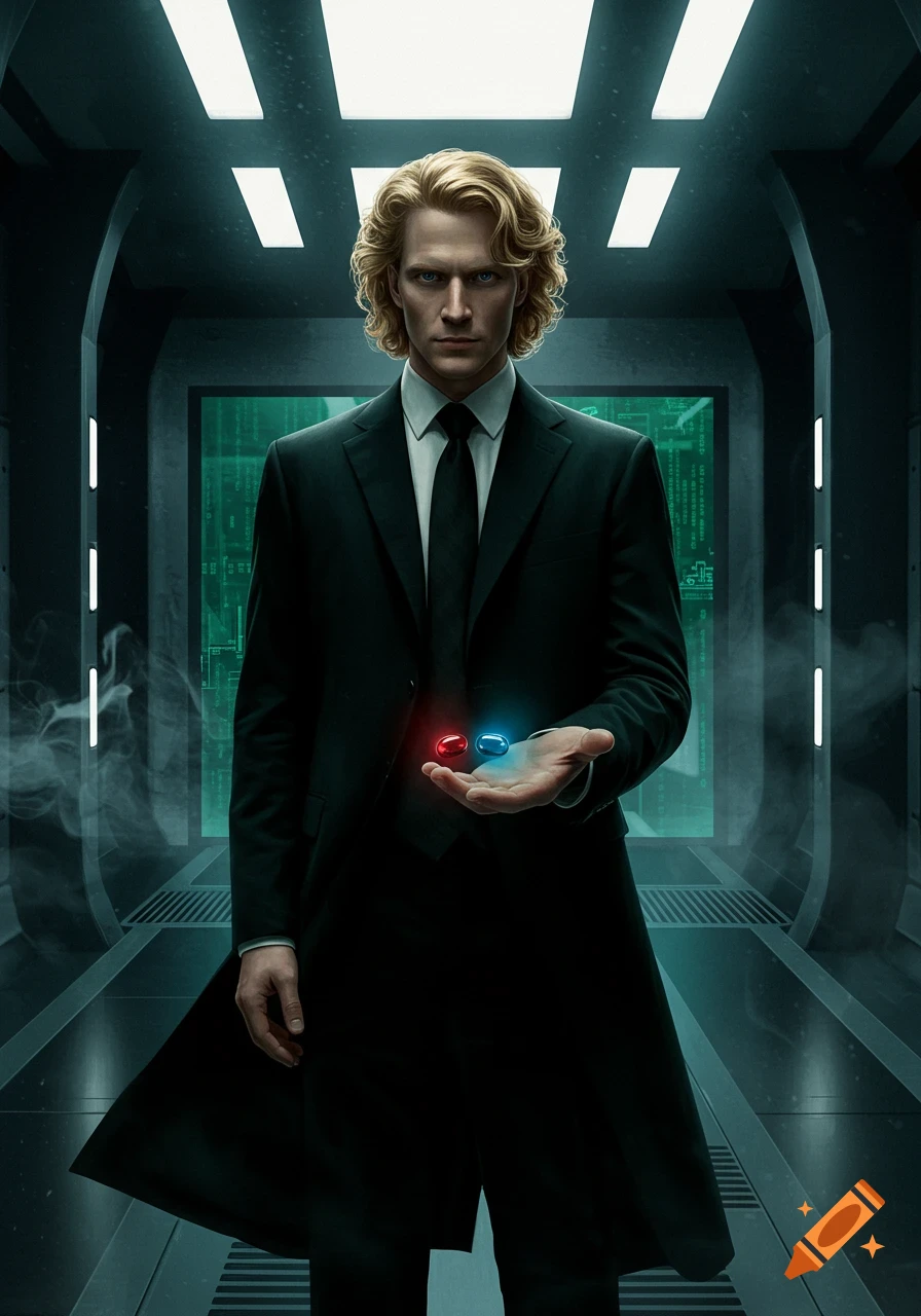 A man with blonde curly hair in a black suit holds red and blue pills in a futuristic, dark green-lit corridor with code on a screen.