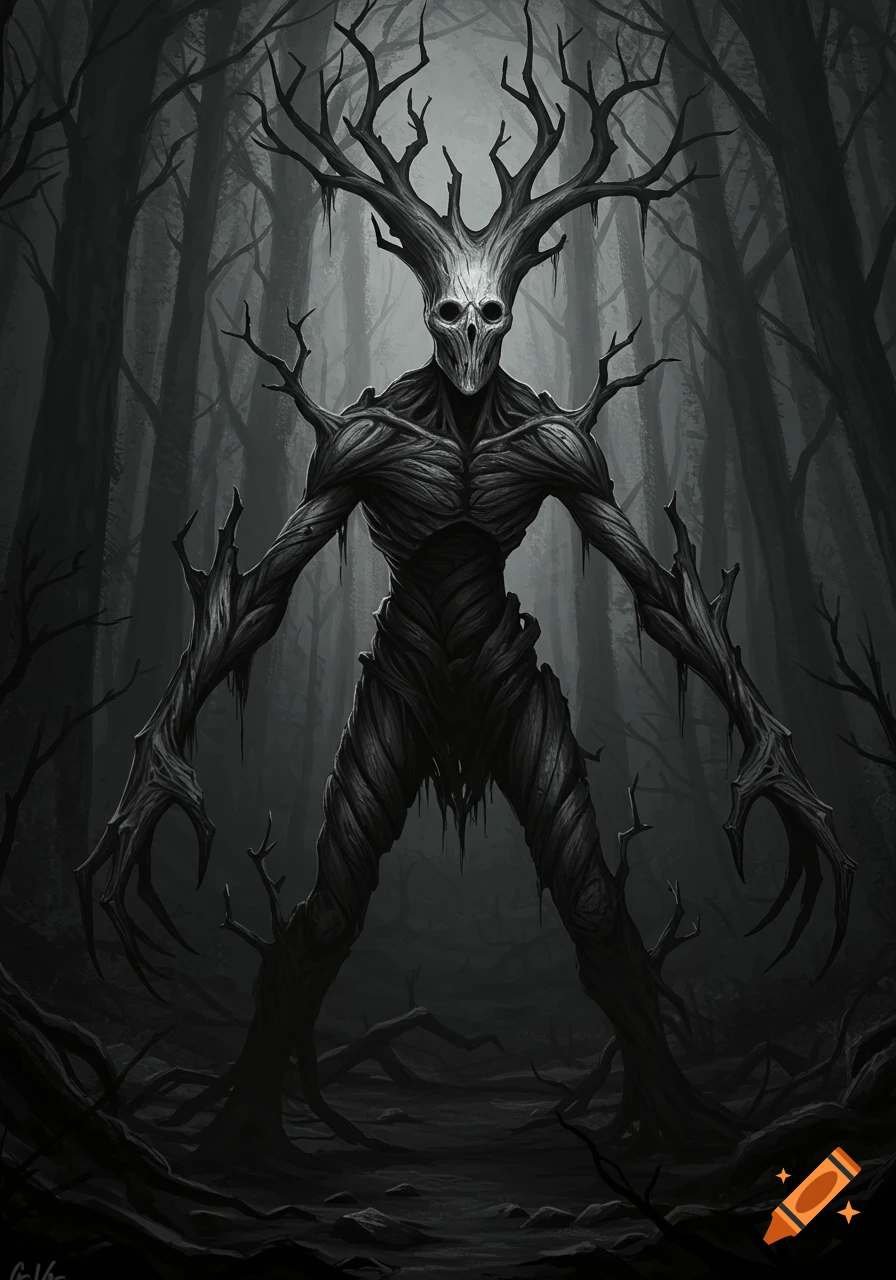 A dark, twisted tree monster with a skull-like face and antlers stands in a spooky, shadowy forest.