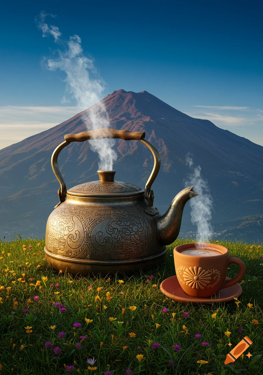 A large, ornate kettle steams alongside a terracotta tea cup and saucer on a grassy hill filled with small flowers, with a majestic mountain in the background under a blue sky.