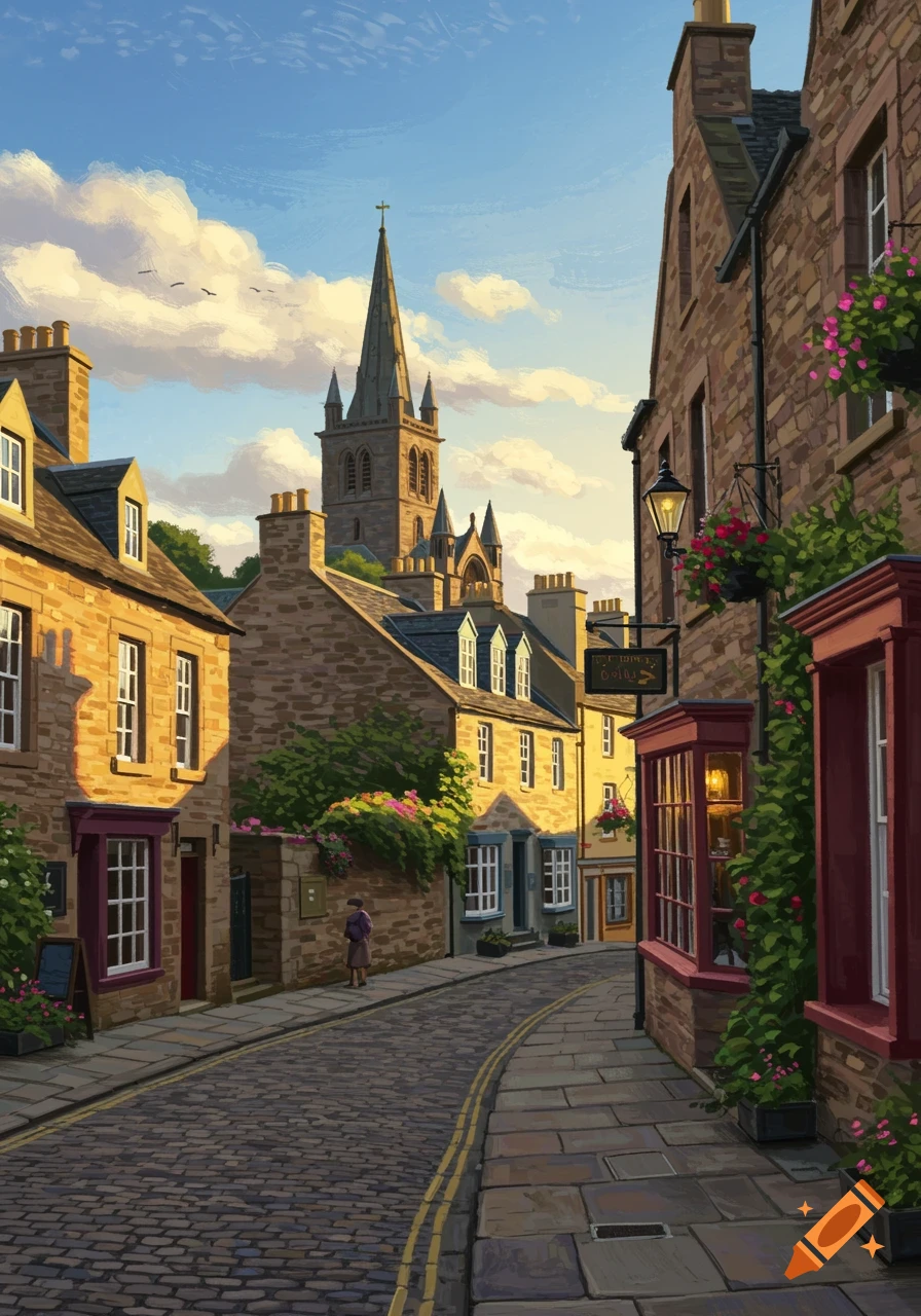 Illustrated European town street with stone buildings, cobblestones, a church spire in the distance, and warm sunlight.