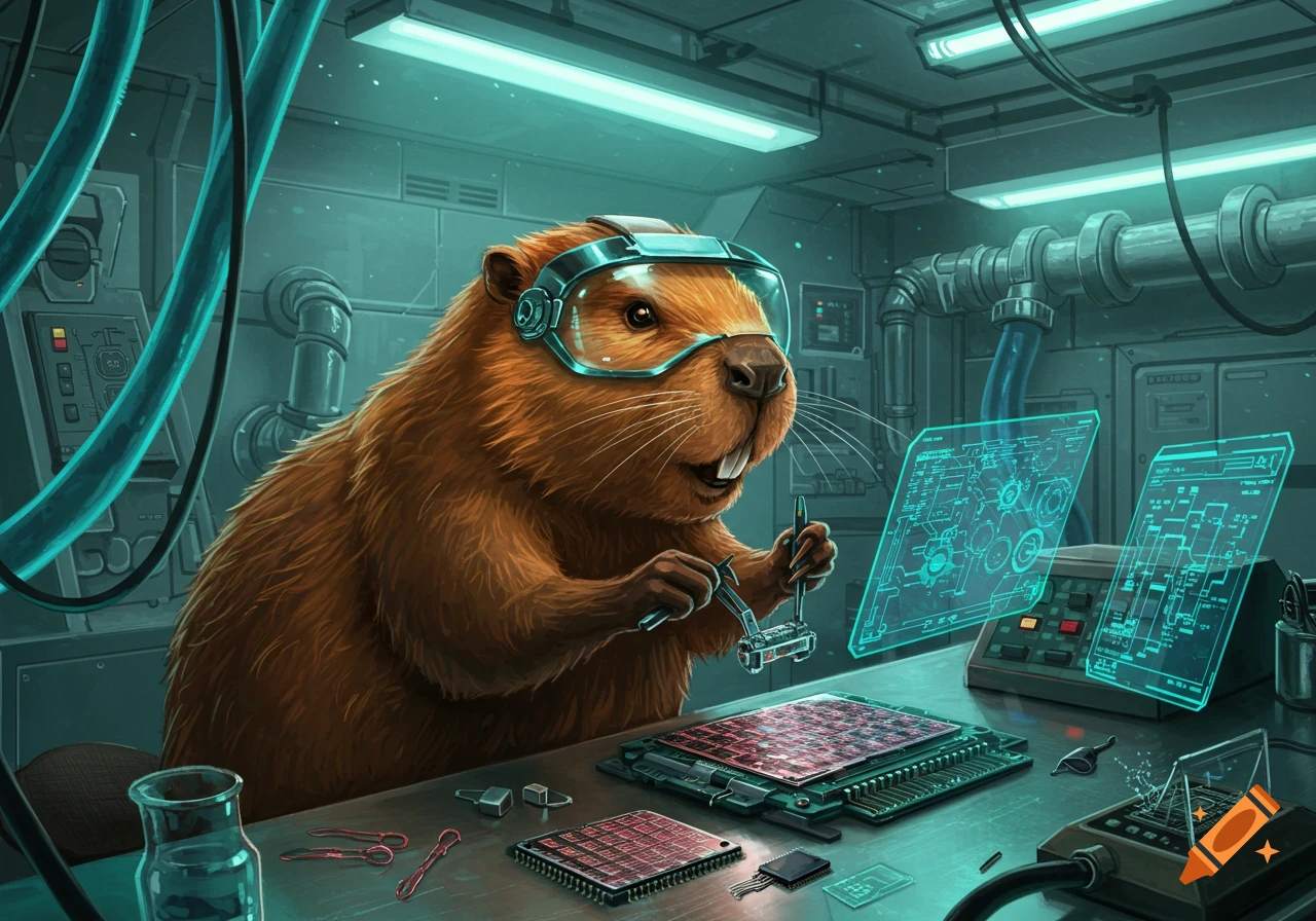 A beaver wearing safety goggles works on circuit boards and holographic screens in a futuristic laboratory.