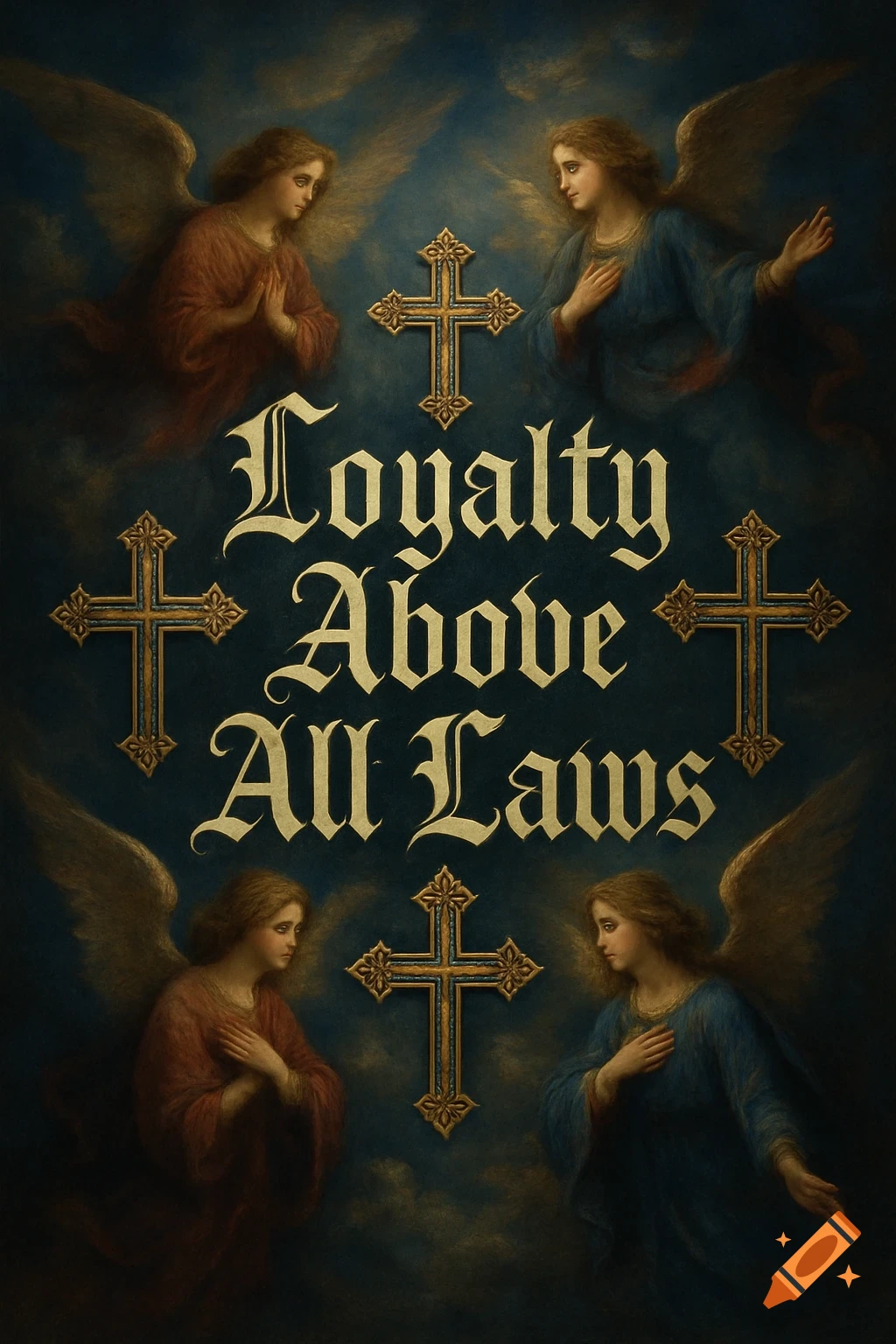 Four angels in a classical painting style surround the text 'Loyalty Above All Laws' with ornate crosses on a dark, cloudy background.