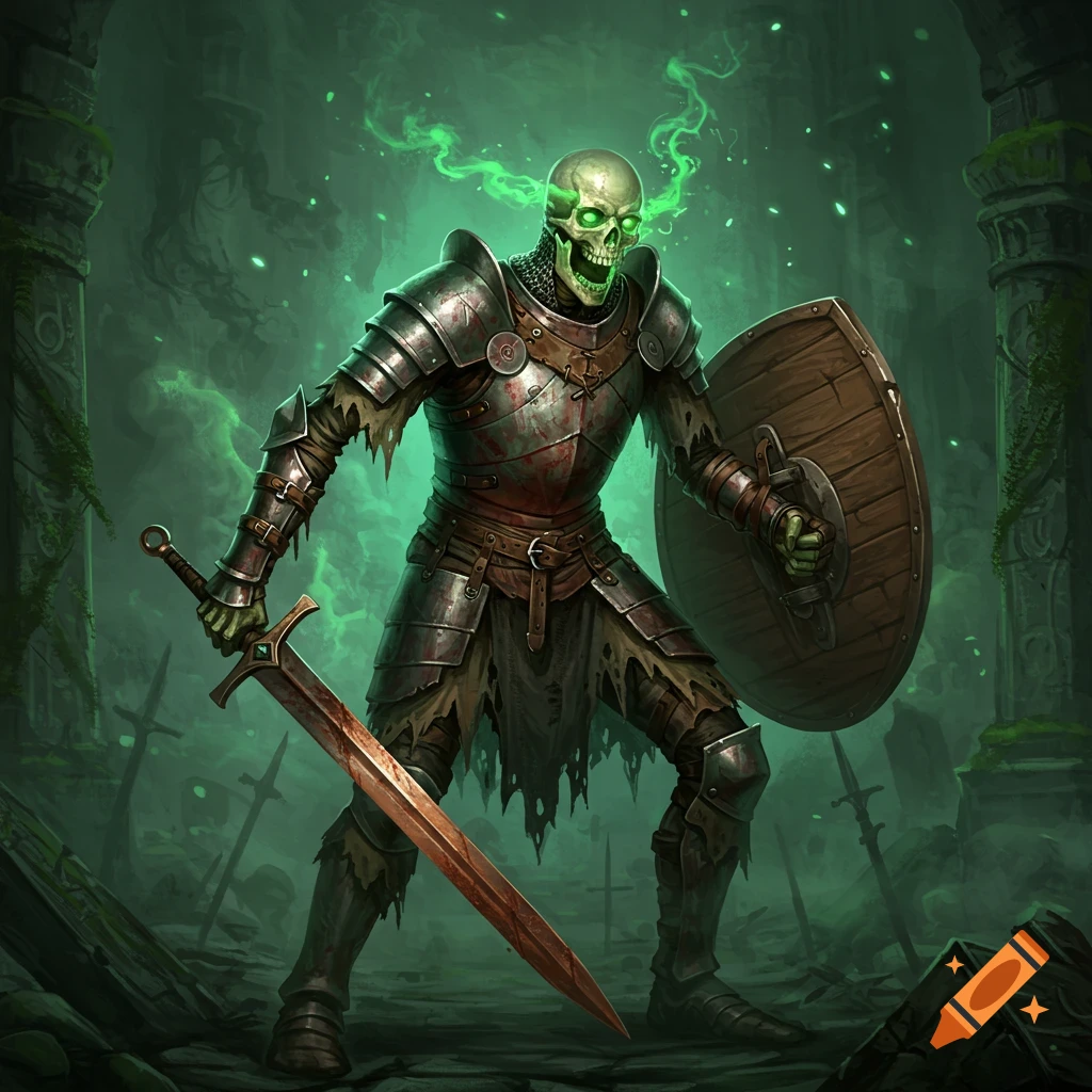 A skeletal warrior in rusted plate armor with glowing green eyes stands amidst ruins, holding a large sword and wooden shield.