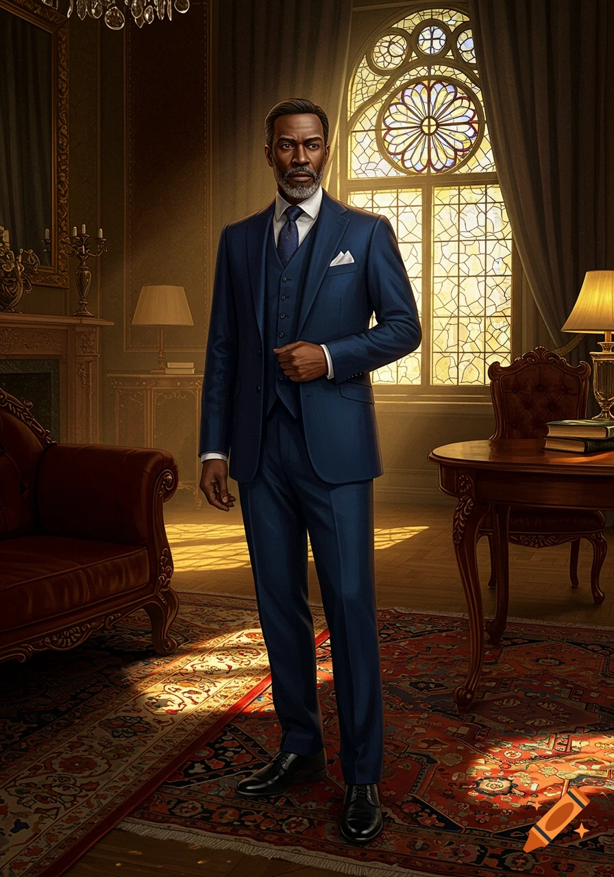 A photorealistic full-body portrait of a well-dressed man in a blue suit standing in a classic, elegant room with a stained glass window.