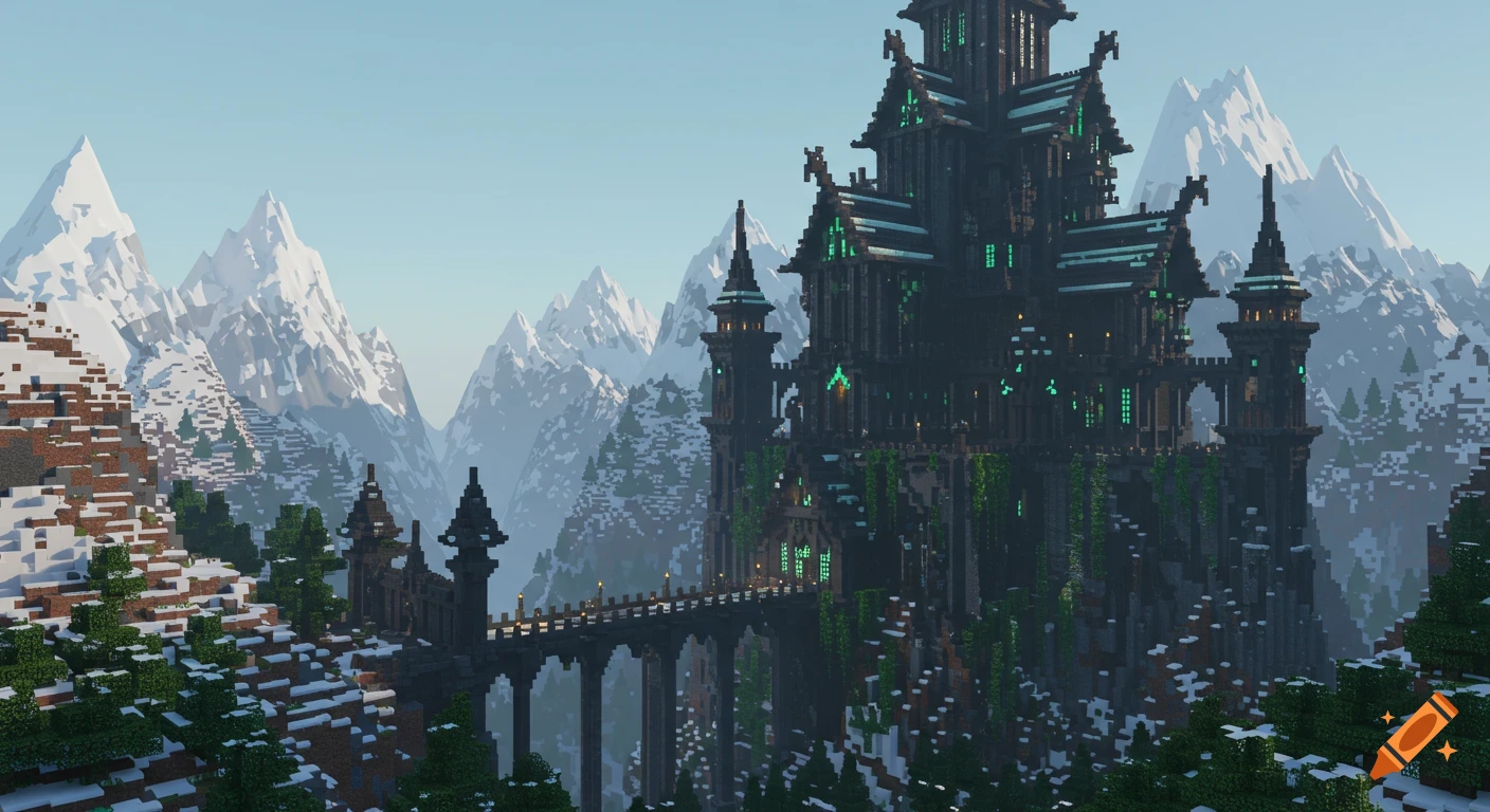 A dark, ornate, pixelated Minecraft-style castle with green accents sits amidst snowy mountains, connected by a bridge.