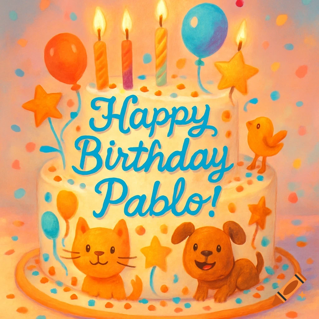 A vibrant illustrated two-tier birthday cake with 'Happy Birthday Pablo!' text, candles, balloons, a cat, dog, and bird.