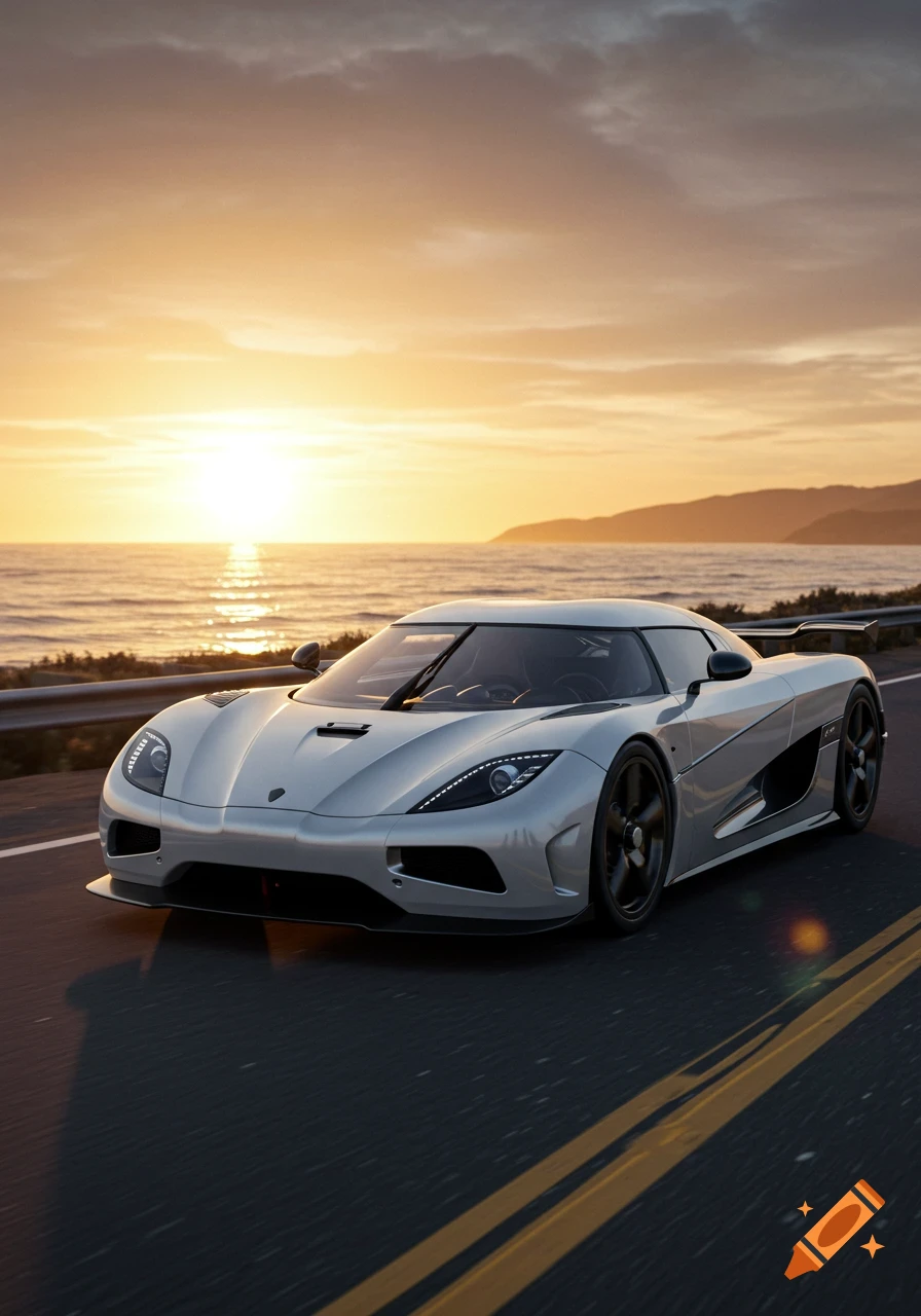 A silver Koenigsegg hypercar drives on a coastal road at sunset, with the ocean and mountains in the background.