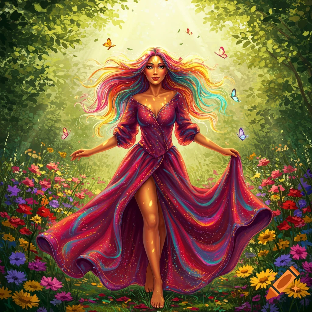 Vibrant woman with rainbow hair in a sparkling red dress stands in a sunlit field of colorful wildflowers with butterflies.