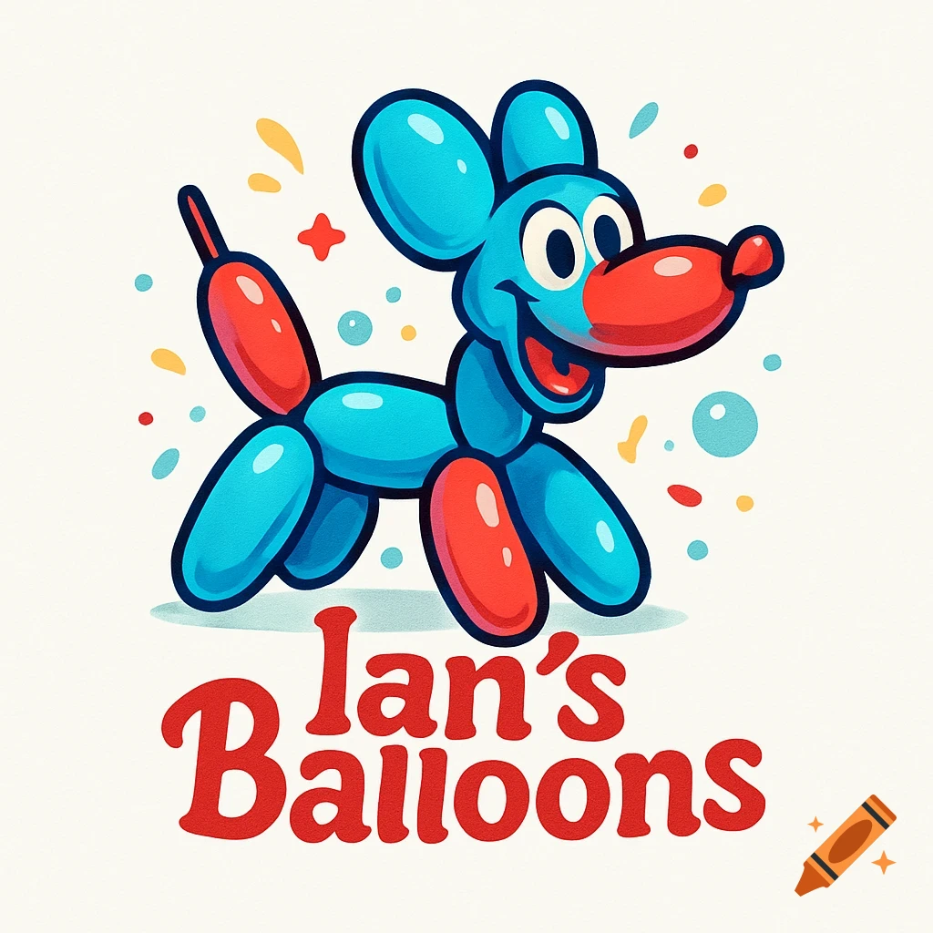 A cute blue and red balloon dog cartoon above the red text 'Ian's Balloons' on a light background.