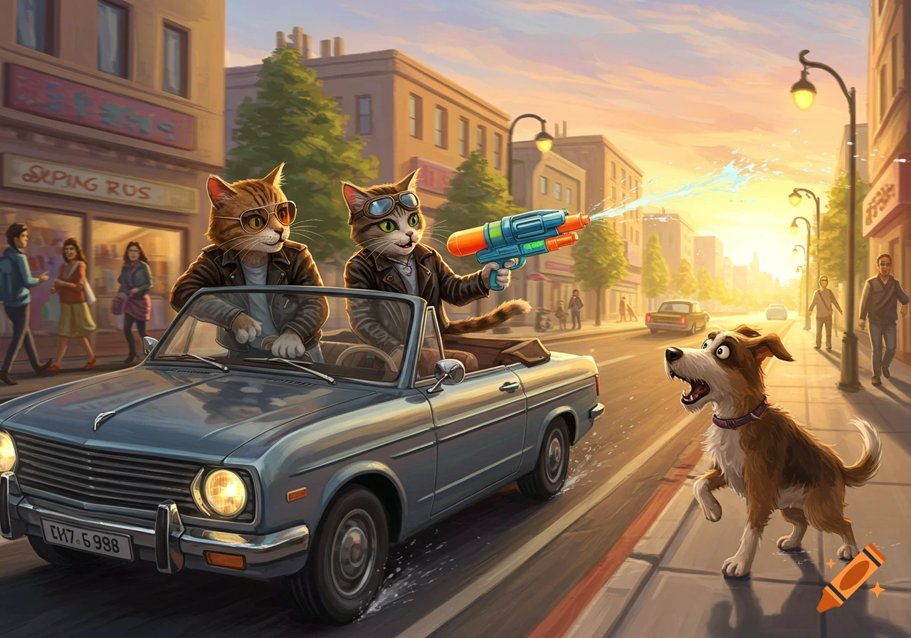 Two anthropomorphic cats in a vintage convertible spray a surprised dog with a water gun on a sunny city street.