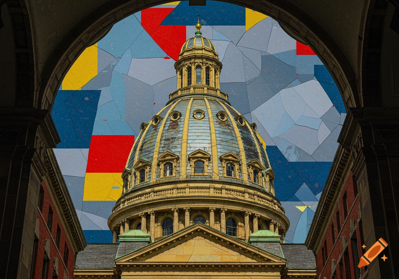 A large building dome with a teal top and gold trim, framed by dark arches, against a background of cubist, abstract shapes in blue, red, and yellow.