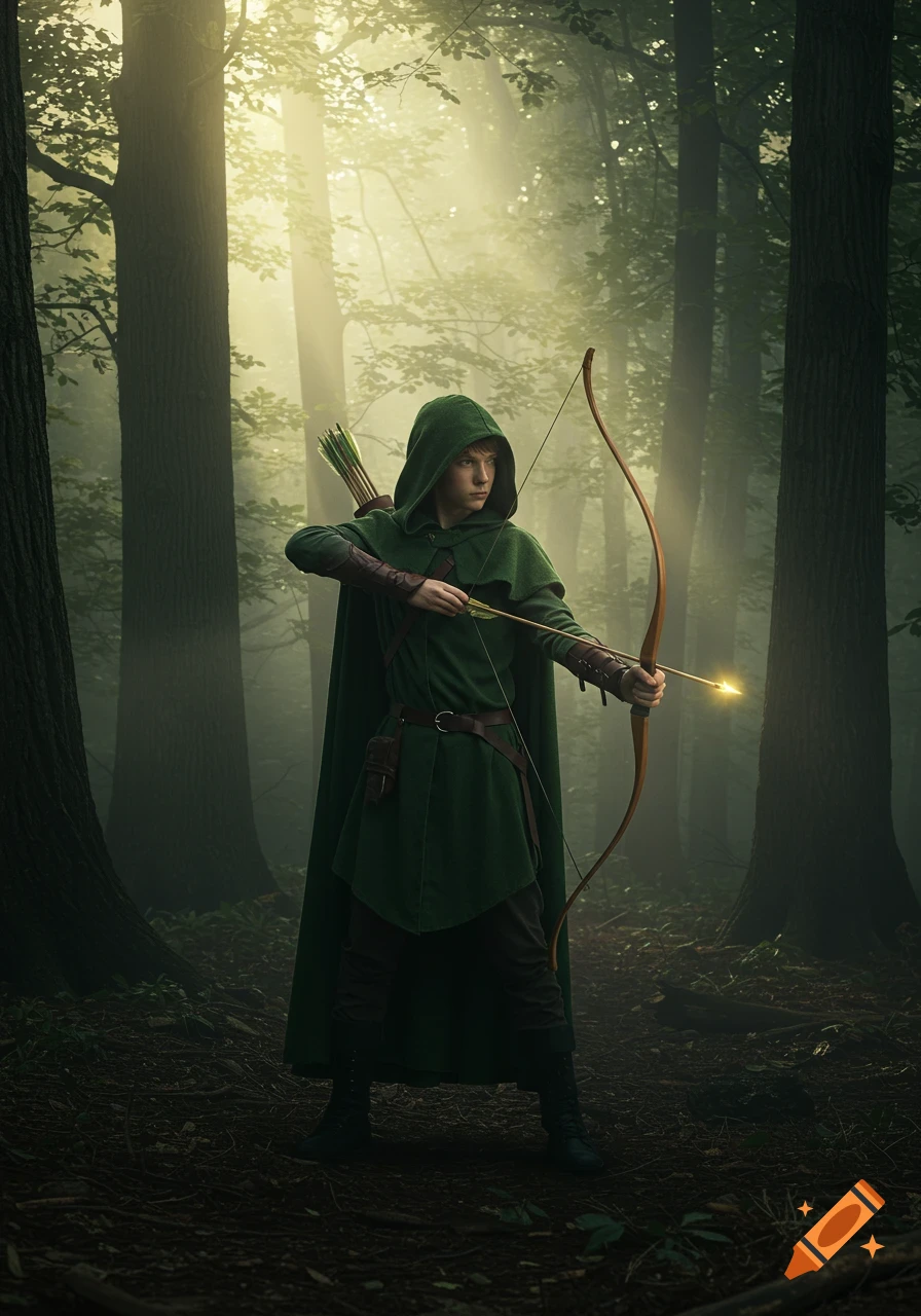 A hooded teenage archer stands in a misty forest, holding a bow with a glowing arrow. Soft golden light filters through trees.