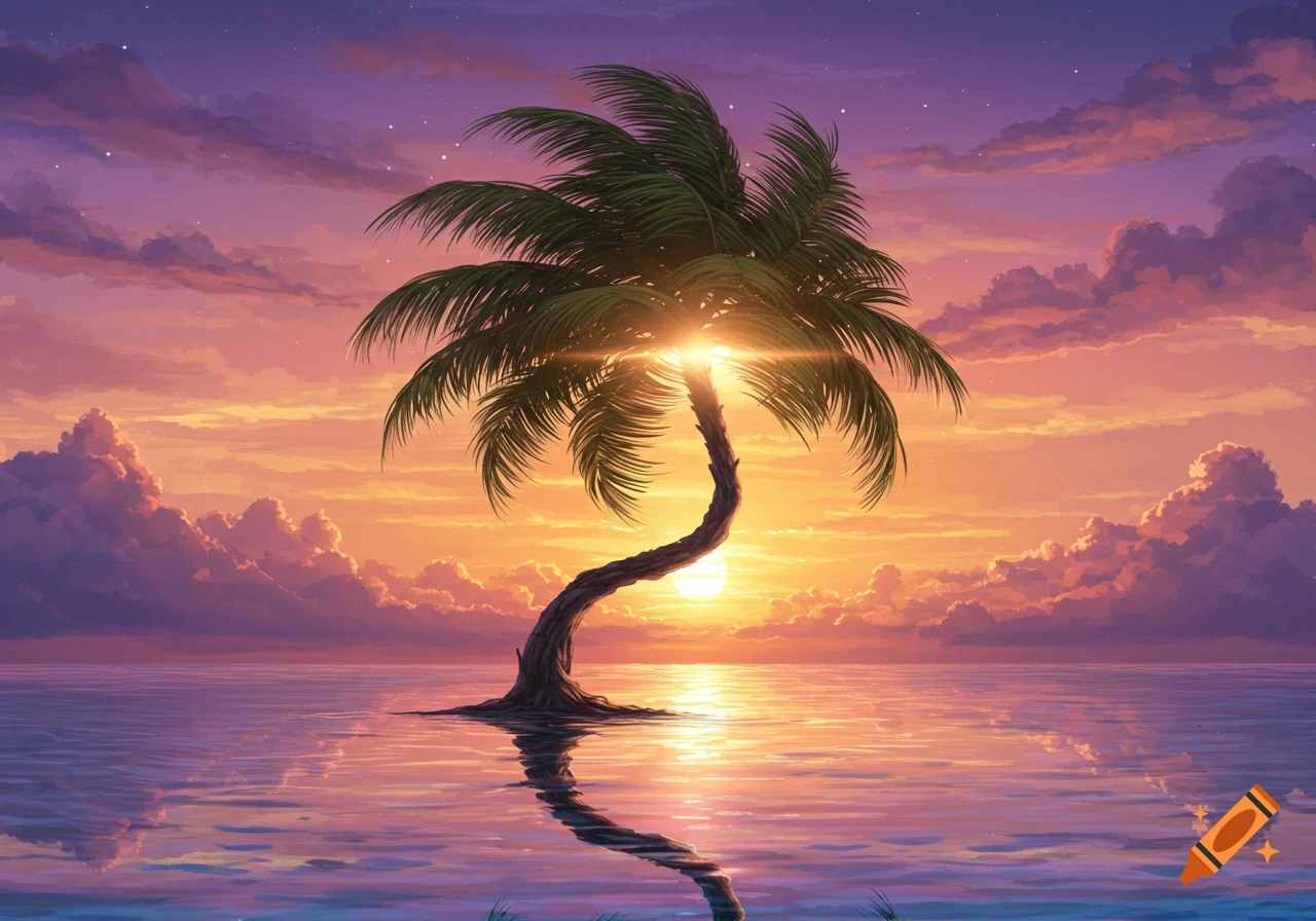 A lone, curved palm tree stands in calm water with the sun setting behind it, casting a warm glow across the orange and purple sky.