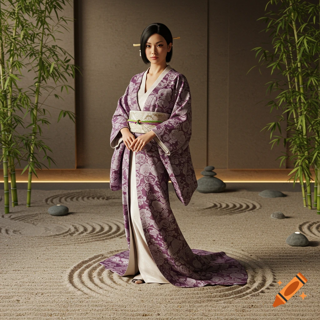 A woman in a purple kimono with floral patterns stands in a serene Japanese rock garden with bamboo and raked sand.
