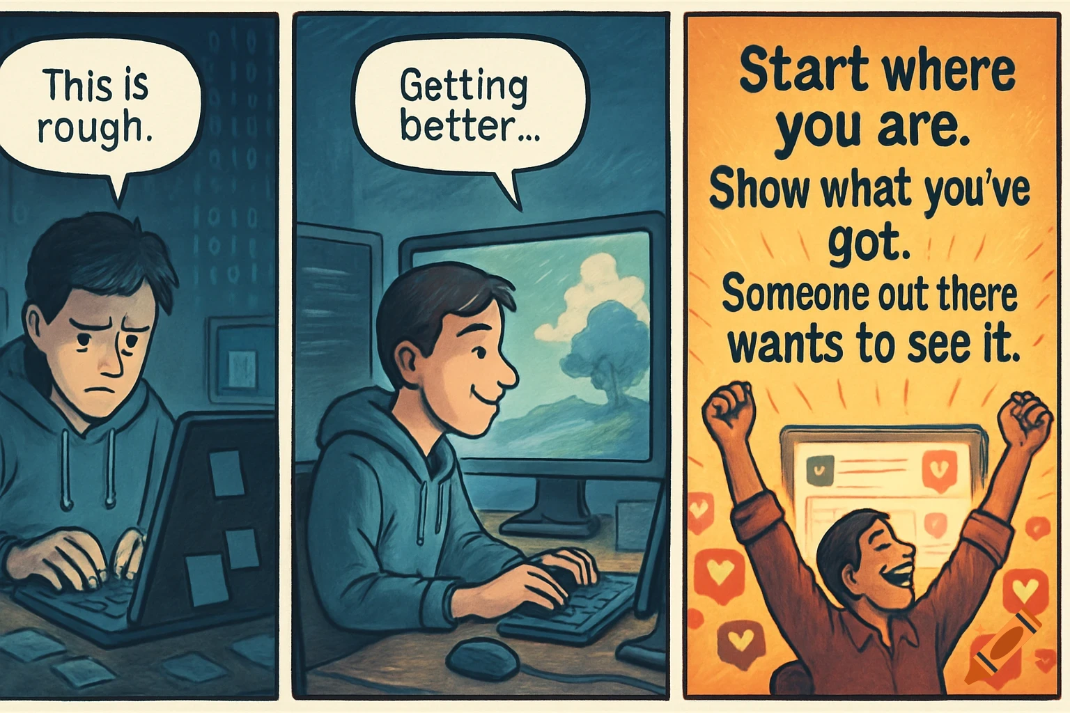 A three-panel comic showing a developer's journey: from frustrated, to improving, to celebrating success with online likes.