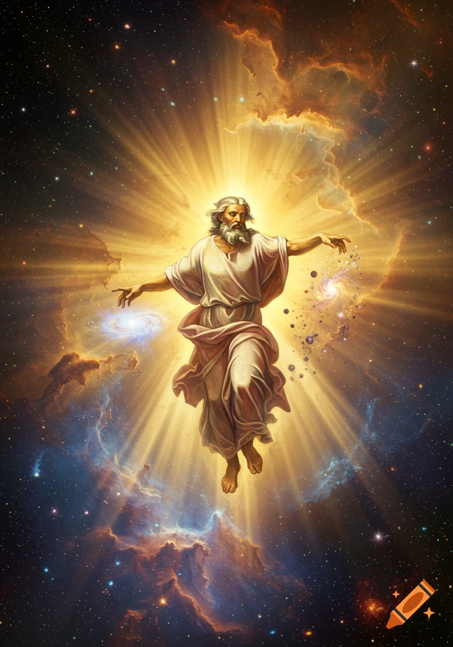 Painting of a bearded, divine figure in robes radiating light, creating galaxies and stars in a cosmic background.
