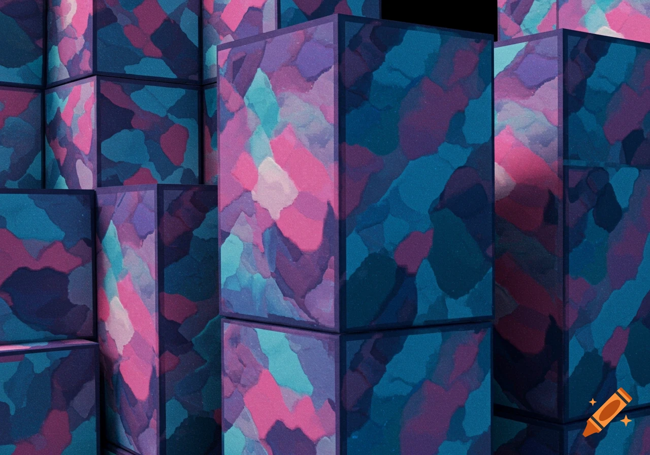 Abstract geometric blocks with blue, pink, and purple pixelated textures.