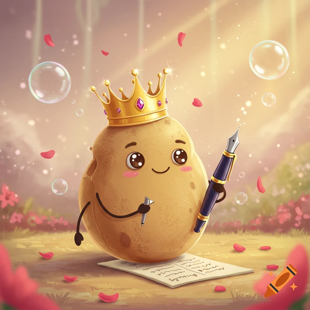 A cute, smiling cartoon potato wearing a golden crown holds a fountain pen, sitting by a paper with scribbled text amidst floating bubbles and rose petals in a sunlit fantasy garden.