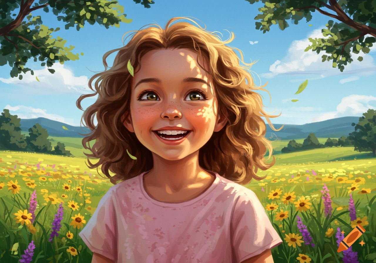 A smiling young girl with curly brown hair and freckles stands in a sunny field of yellow and purple wildflowers under a blue sky.