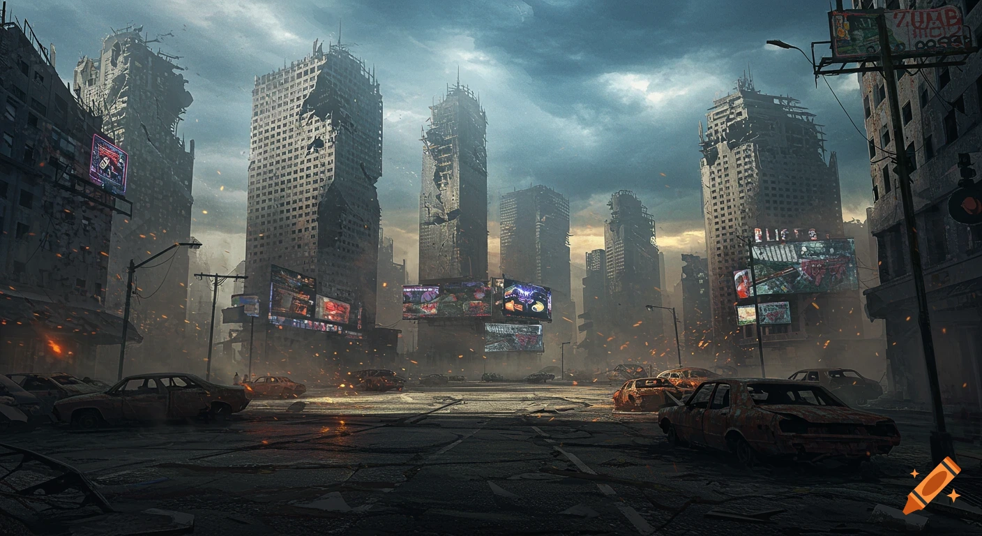 Photorealistic scene of a ruined, dystopian city with crumbling skyscrapers, abandoned cars, and debris under a cloudy sky.