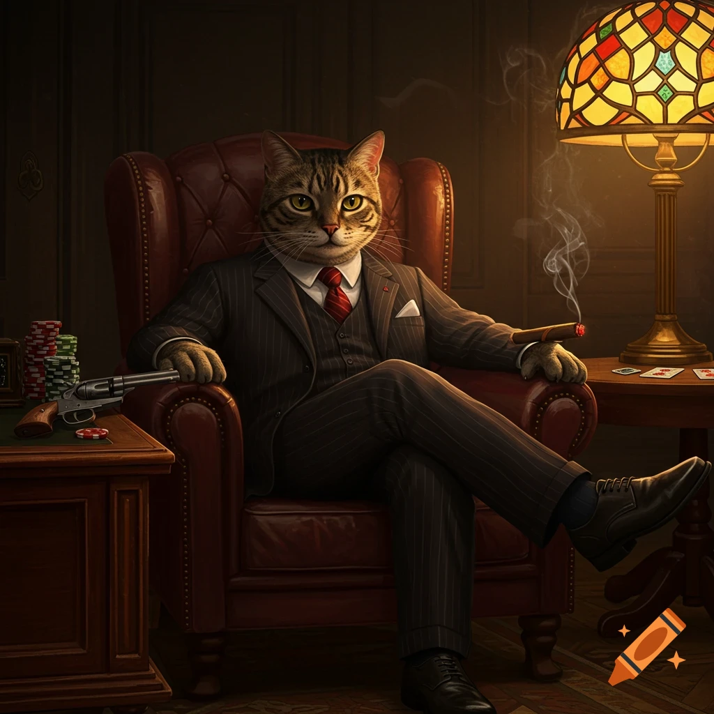 A sophisticated tabby cat dressed in a pinstripe suit sits in a red leather armchair, smoking a cigar. A pistol and poker chips are on a nearby table, with a stained-glass lamp.
