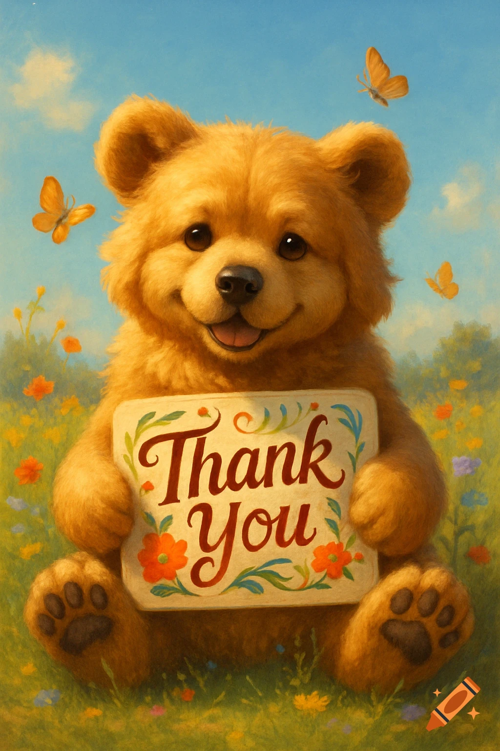 A cute, smiling bear cub sits in a sunny meadow with butterflies, holding a sign that says 'Thank You'.