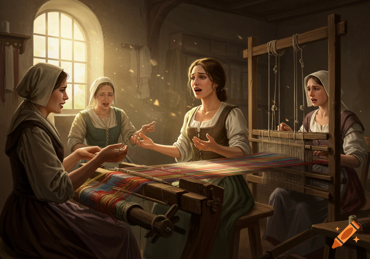 Four women in historical attire weep tears of gratitude while weaving colorful cloth in a sunlit room.