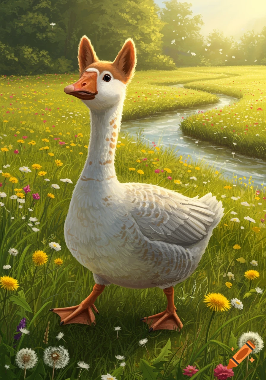 A whimsical white dingle-goose with orange spots and large pointy ears stands in a vibrant meadow with wildflowers and a winding river.