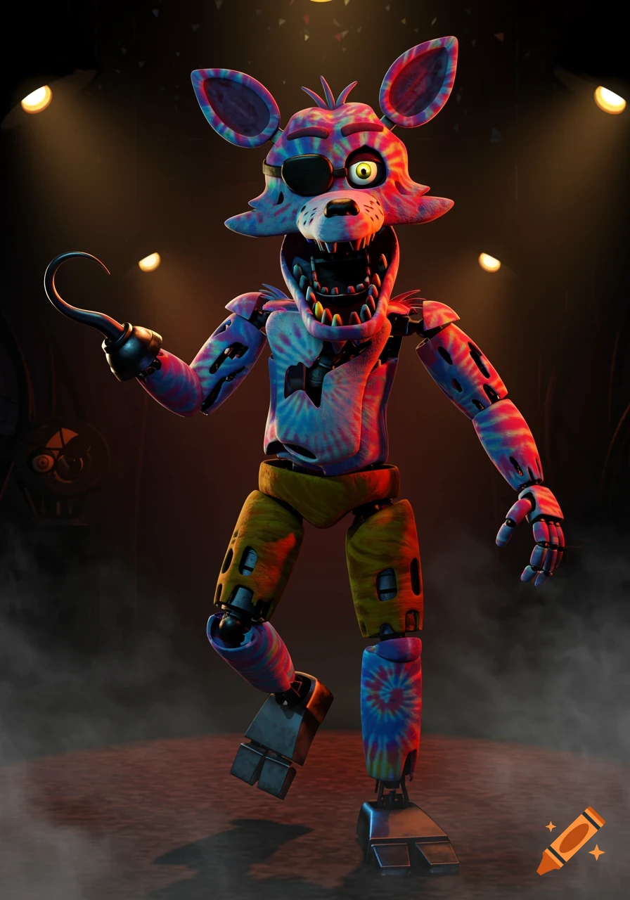 A vibrant, tie-dye patterned Foxy animatronic from Five Nights at Freddy's stands on a stage with spotlights.