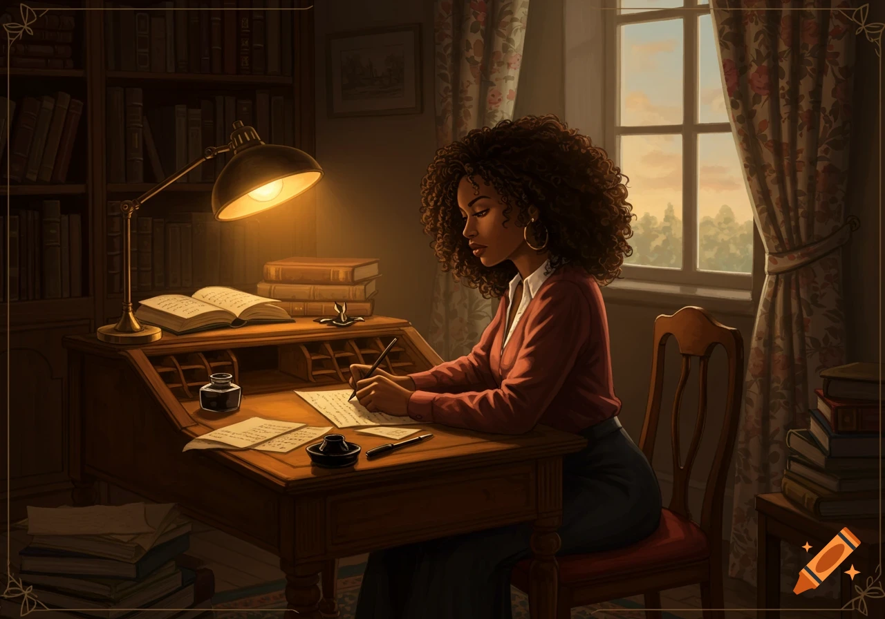 A Black woman with curly hair sits at a wooden desk under a lamp, writing on papers, surrounded by books in a detailed room.
