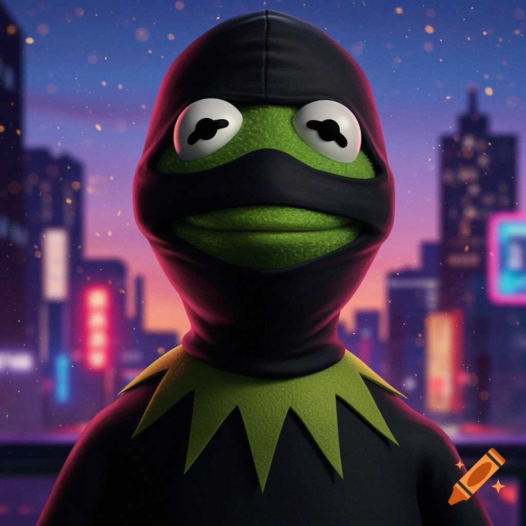 A stylized image of Kermit the Frog wearing a black balaclava and hood against a neon-lit city at night.