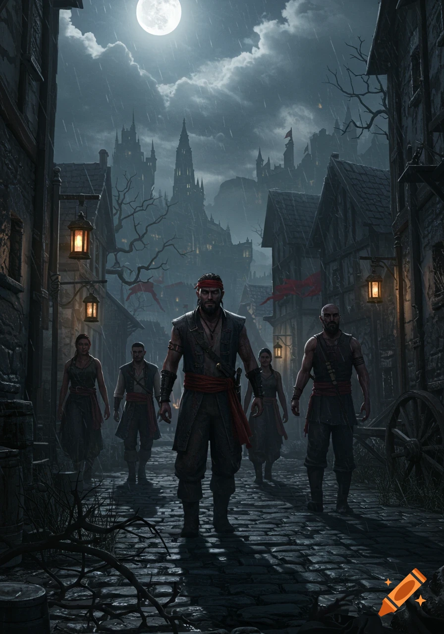 A group of pirates walks down a dark, rainy cobblestone street at night, with a gothic castle in the background under a full moon.