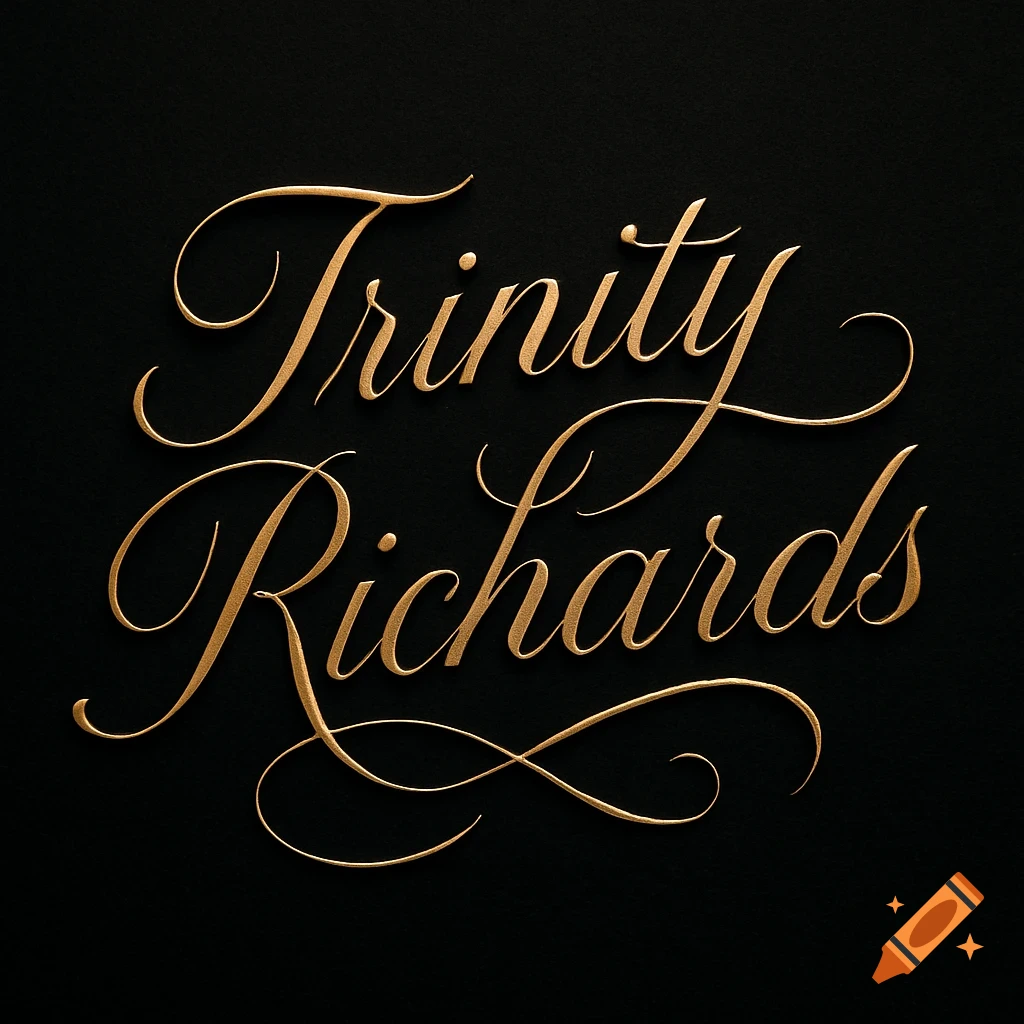 Elegant gold script of 'Trinity Richards' on a black background.