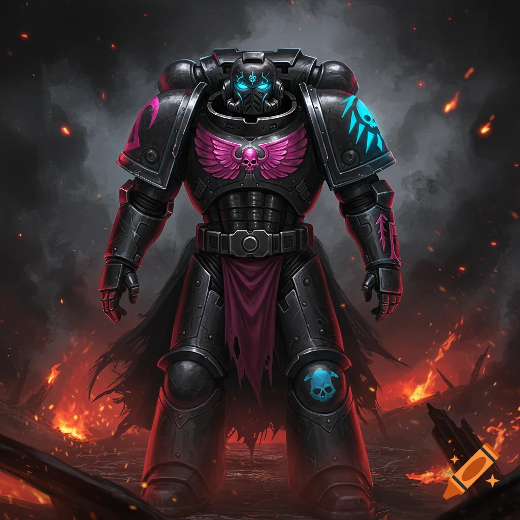 Detailed black Space Marine Primaris with pink and blue accents stands on a fiery battlefield, Warhammer 40k fan art.