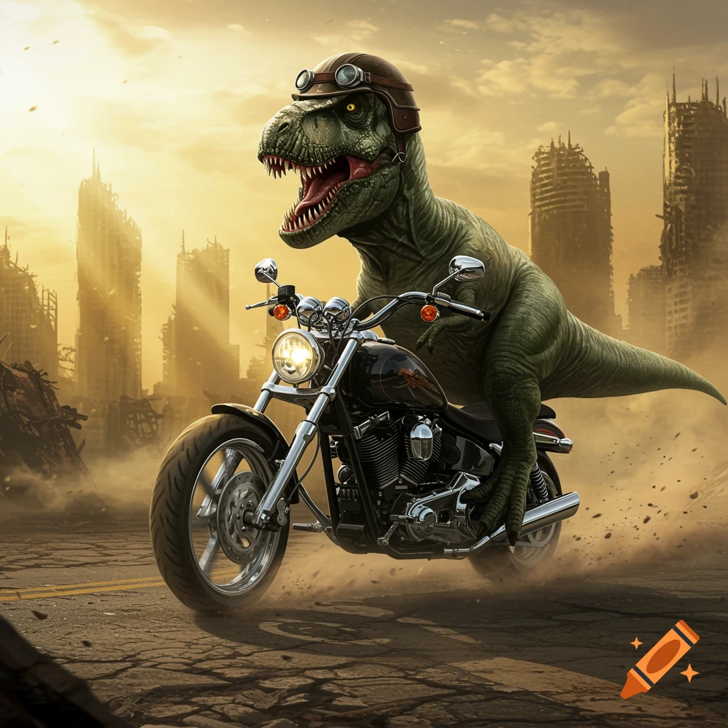 A photorealistic T-Rex in a helmet and goggles rides a motorcycle through a dusty, post-apocalyptic cityscape.