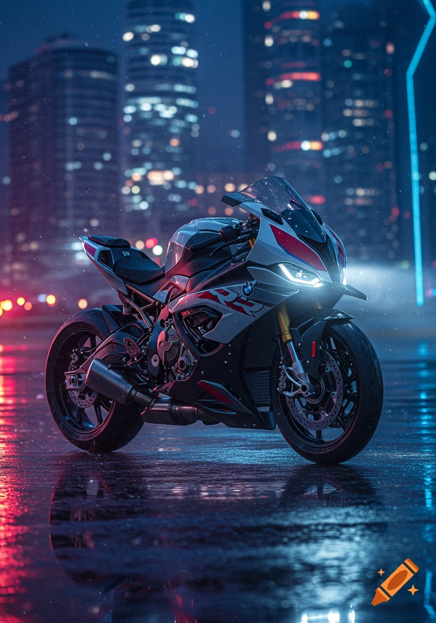 A modern BMW M1000RR motorcycle parked on a wet city street at night, with blurred city lights reflecting on the ground.