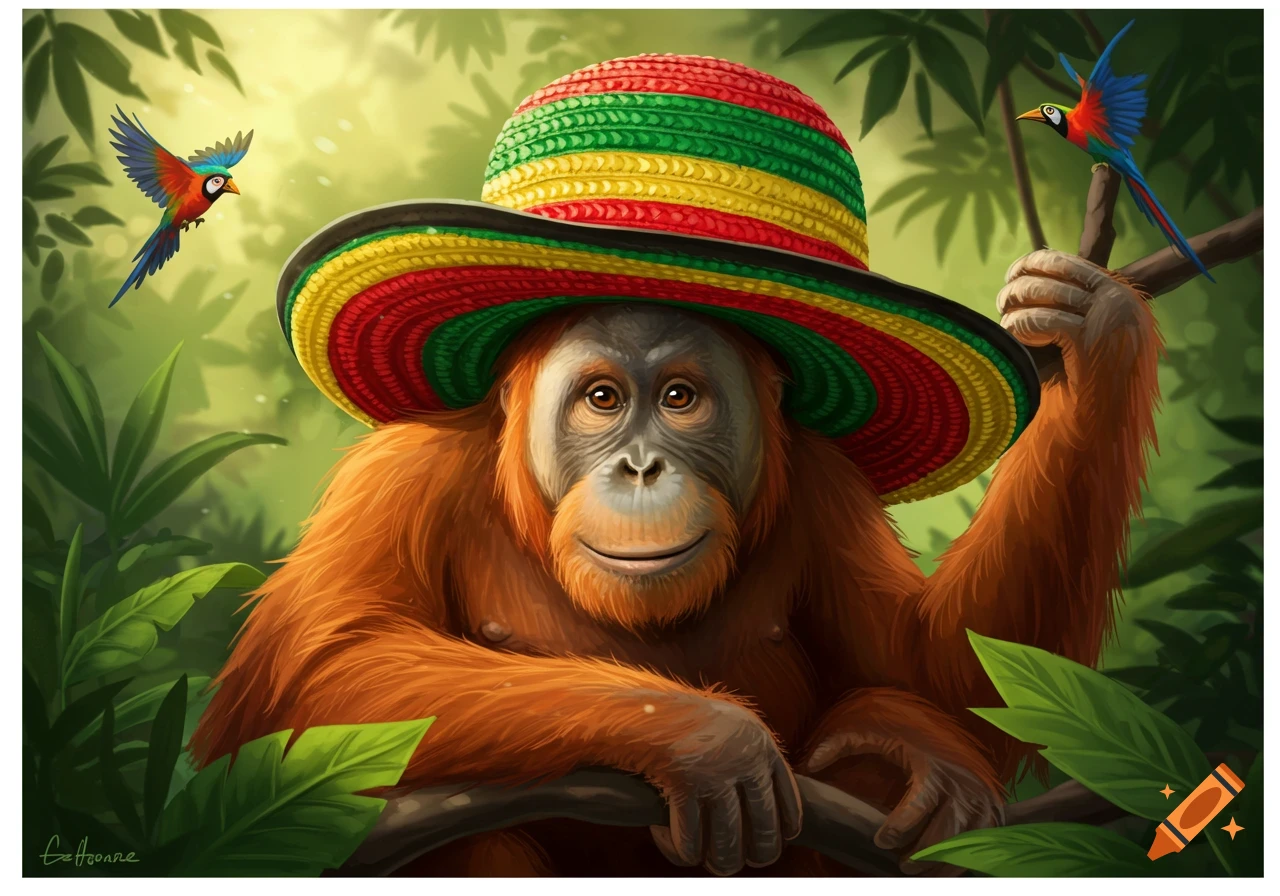 An illustrated orangutan wearing a red, yellow, and green striped hat, holding onto a branch in a lush green jungle with colorful birds.