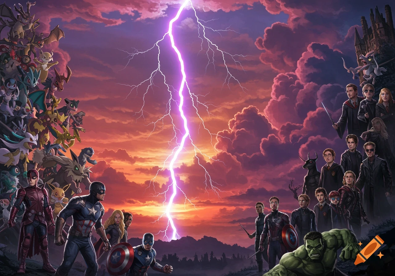 A dramatic crossover illustration with a purple lightning bolt splitting a sunset sky. On the left are Pokémon, on the right Harry Potter characters, and below, Marvel heroes are gathered.