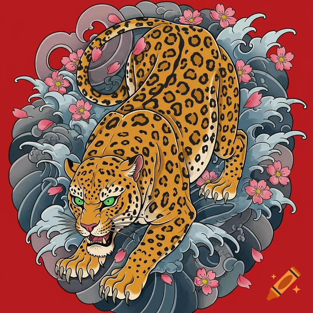 A vibrant traditional Japanese tattoo of a leopard with green eyes, surrounded by grey waves and pink cherry blossoms on a red background.
