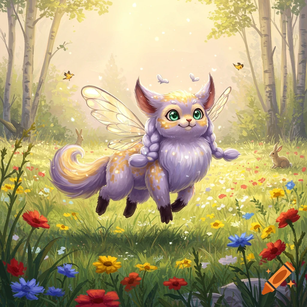 A cute, fluffy purple and yellow winged creature floats above a sunny meadow with colorful wildflowers, trees, and rabbits, in a fantasy illustration.