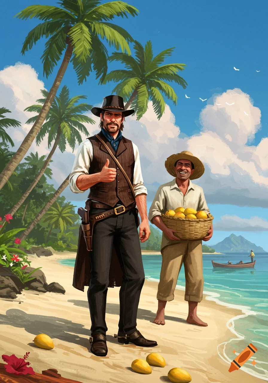 Illustration of a man in a cowboy hat giving a thumbs-up on a tropical beach next to a farmer holding mangoes.