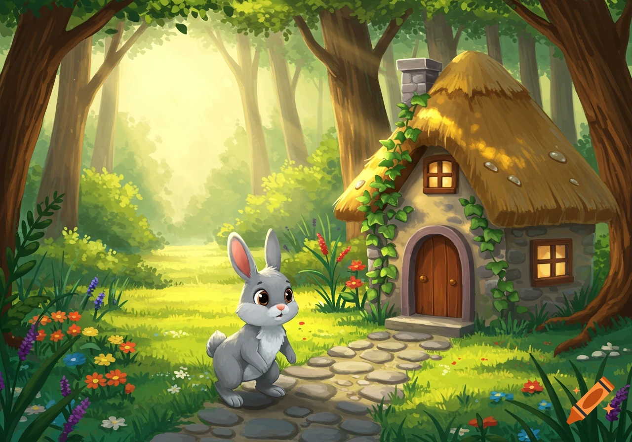 A whimsical cartoon of a cute gray bunny on a stone path in a sunny forest, with a tiny cottage nearby.